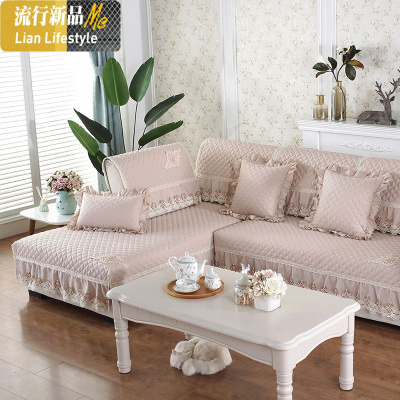 法式防滑棉沙发垫四季通用布料面料夹棉防滑木耳边带硅胶双面 三维工匠 简爱-淡粉 100*160+15cm花边
