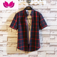 七斓特价]青少年夏季短袖格子衬衫男士韩版潮流帅气休闲衬衣半袖