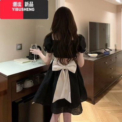 YIBUSHENG胖mm法式黑色蝴蝶结连衣裙女装季大码小个子泡泡袖显瘦短裙裙子