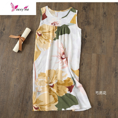 睡裙女棉绸夏季人造棉韩版棉睡衣家居服宽松大码可外穿中裙夏天FISHBASKET