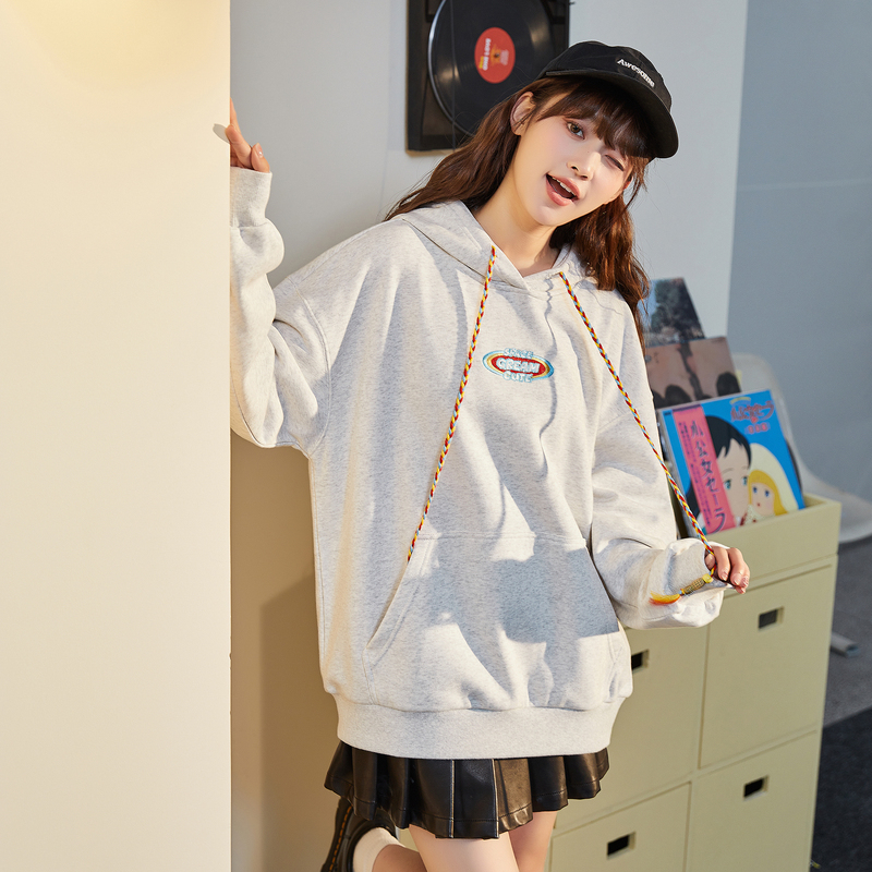 [2.5折价140元]唐狮早秋新款连帽卫衣女彩色抽绳设计感潮流卫衣外套慵懒风