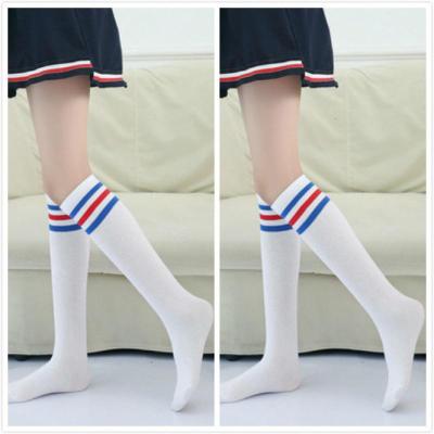 儿童长筒袜男女童通用及膝袜春秋学生演出袜表演袜舞蹈足球袜白底红蓝条3双均码大概42厘米