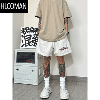 HLCOMAN美式潮牌设计感印花休闲抽绳短裤男夏季高街痞帅运动宽松五分裤子