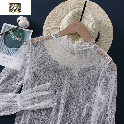 暖青汇睫毛蕾丝打底衫女长袖春秋立领毛衣内搭网纱洋气小衫镂空仙女上衣蕾丝衫