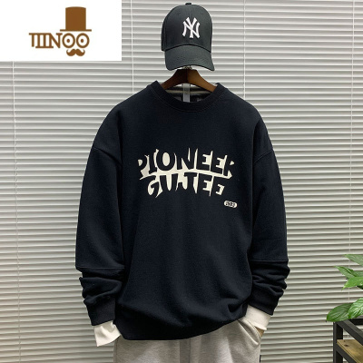 YANXU2023新款圆领套头印花卫衣男休闲宽松百搭潮流青少年内搭上衣