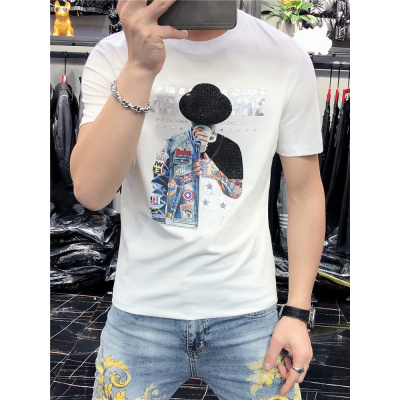 欧洲站夏季T恤男士圆领丝光棉潮流精神小伙半袖上衣修身时尚