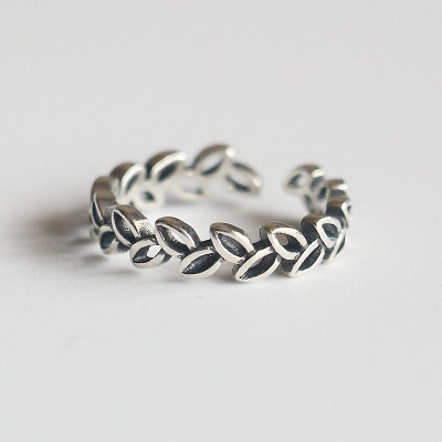 泰银橄榄树叶戒指韩版S925纯银开口戒复古做旧复古叶子食指指环女送女朋友老婆情人节七夕生日礼物