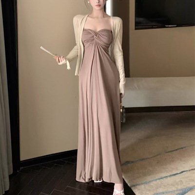 纯欲温柔风氛围感扭结抹胸显瘦长款连衣裙+薄款长袖防晒开衫套装