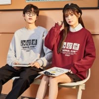 [2.5折价76元]唐狮秋季新款情侣装卫衣男女圆领加绒套头卫衣趣味印花上衣G