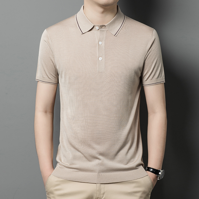 夏季纯桑蚕丝短袖t恤男翻领针织polo衫男装薄款真丝半袖体恤