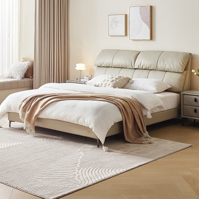 全友家居现代简约真皮床2024新款主卧室小象耳朵头层牛皮床