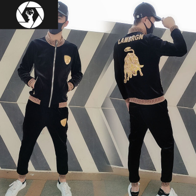 HongZun本命年刺绣金牛潮牌卫衣套装男冬季2020新款休闲金丝绒加厚两件套其他套装