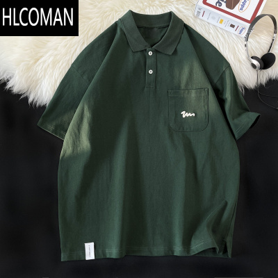 HLCOMAN美式复古polo衫男夏季日系潮牌宽松短袖T恤翻领拼接口袋体恤上衣