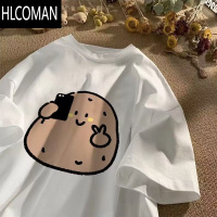 HLCOMAN国潮土豆印花短袖t恤男女宽松夏季百搭ins古着半袖体恤衫