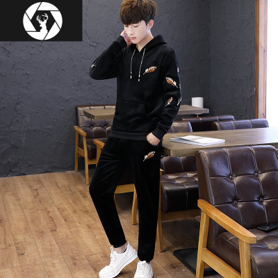 HongZun金丝绒男士套装冬季中学生青少年韩版潮流休闲加绒加厚卫衣两件套其他套装