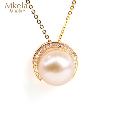 梦克拉 18K金钻石珍珠圆环吊坠 强光 海水珍珠吊坠 镶钻珍珠吊坠 掌上明珠 银项链 金珠黑珍珠