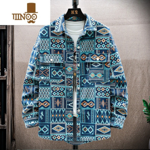 YANXU民族风牛仔衬衫男长袖潮牌宽松痞帅衬衣青少年高中学生外套