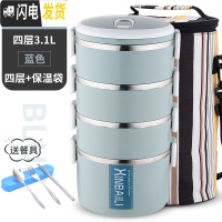 三维工匠不锈钢多层保温饭盒大容量韩国学生便当盒2女3上班族简约套装餐盒 加大款四层北欧蓝送餐具+条纹袋