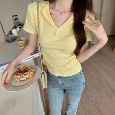 含棉polo衫翻领短袖奶色T恤设计感新款上衣女v领修身收腰T恤潮