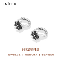 999纯银黑色锆石四叶草耳圈女养耳洞耳环睡觉免摘防致敏耳扣耳饰送女朋友老婆情人节七夕生日礼物