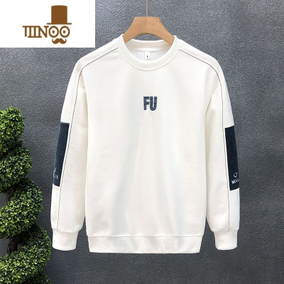 YANXU冬款拼料加绒卫衣男潮牌圆领内搭上衣2023新款男士长袖t恤