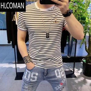 HLCOMAN夏季痞帅潮牌ins短袖t恤男士新款欧货圆领黑白条纹修身半袖体恤男