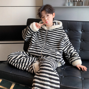 男童睡衣两件套秋冬装冬天加绒加厚儿童冬季珊瑚绒开衫家居服套装