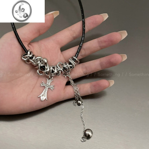 JiMi锆石流苏皮绳项链女甜酷辣妹暗黑风卫衣链y2k个性潮锁骨链 十字架黑项链