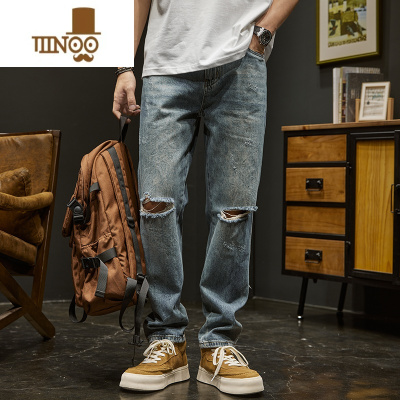 YANXU膝盖破洞牛仔裤男士直筒宽松潮流复古痞帅夏季美式高街休闲长裤子