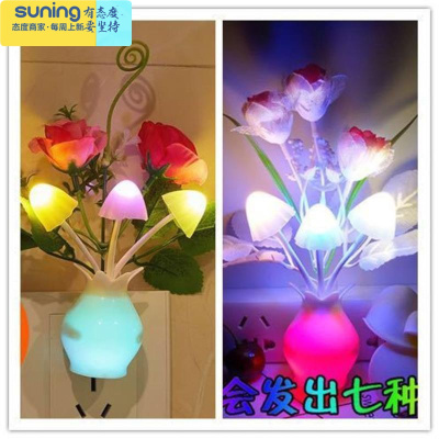 希杰狮王创意LED节能光控感应插座插电壁灯宝宝婴儿童卧室床头睡眠小夜灯海马玫瑰送郁金香共2个灯具