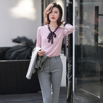岚心云白色雪纺衬衫女长袖2020春夏韩版V领气质上衣宽松蝴蝶结套头衬衣