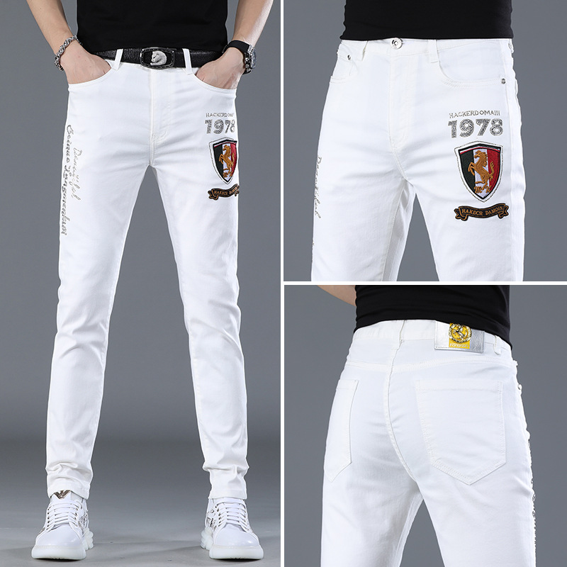欧货白色牛仔裤男士夏季薄款新款烫钻直筒修身小脚百搭长裤子