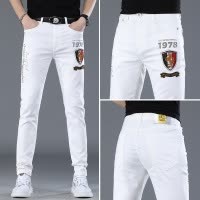 欧货白色牛仔裤男士夏季薄款新款烫钻直筒修身小脚百搭长裤子