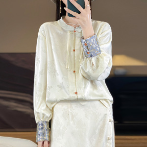 年新中式国风改良仿真丝衬衫女提花醋酸丝绸缎面立领上衣外套