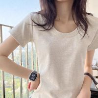 含棉白色纯色T恤女短袖短款新款夏季显瘦修身U领叠穿打底上衣潮
