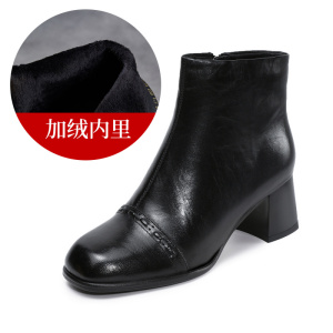 黑色粗跟轻奢羊皮短靴女秋冬款软底真皮方头气质显瘦加绒靴子