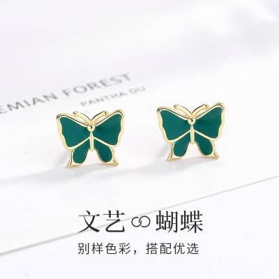 气质森系s925纯银立体绿色韩版蝴蝶耳钉女港风复古时尚甜美小耳饰送女朋友老婆情人节七夕生日礼物