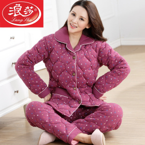 冬季夹棉睡衣女纯棉长袖三层加厚棉袄冬天保暖妈妈家居服全棉套装