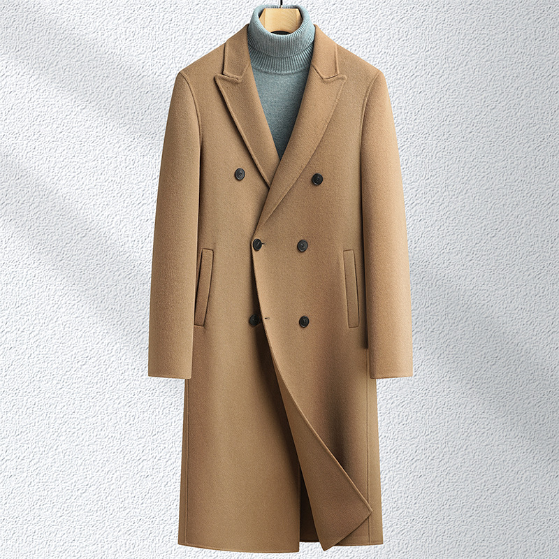 男士羊毛呢子大衣秋冬新款男士过膝长款三排扣大衣风衣双面呢外套