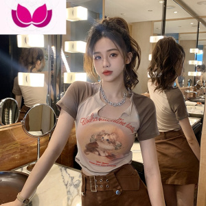 七斓美式复古短袖猫咪t恤女夏季薄款大码胖mm辣妹纯欲甜酷短款u领上衣