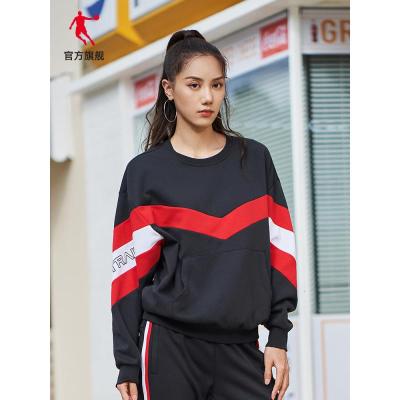 乔丹运动卫衣女装2021春季新款红色拼接套头衫女士针织休闲运动衣