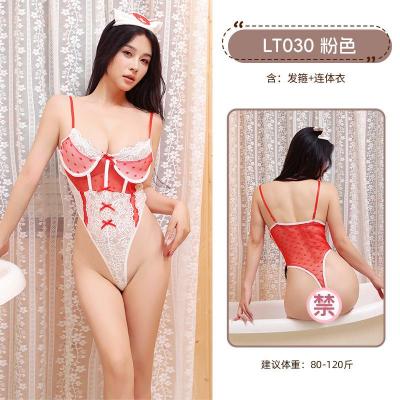 九里晴川情趣内衣纯欲护士制服蕾丝蝴蝶结心型透视连体衣性感套装 九里晴川LT030[爱心连体衣-开裆暗扣-粉色] 均码