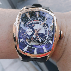 瑞夫泰格(reef tiger)个性大表盘全自动机械表男士手表橡胶带酒桶形时尚防水夜光潮男坦克表RGA3096S