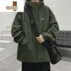 YANXU军绿连帽冲锋衣外套男士户外运动美式复古cityboy夹克上衣
