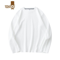 YANXU华夫格t恤男长袖宽松纯色圆领米杏色针织内搭打底衫卫衣上衣