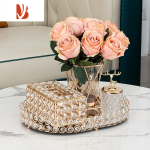 三维工匠高级水晶抽纸盒花瓶烟灰缸套装纸巾遥控收纳欧式轻奢客厅茶几装饰 抽纸盒椭圆托盘组合(油画粉玫瑰)+牙签罐