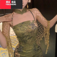 YIBUSHENGMimo dk国风改良旗袍年轻款复古挖肩挂脖开叉修身显瘦绿色连衣裙