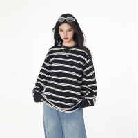 春秋新款条纹T恤男女同款宽松港风复古百搭圆领休闲卫衣体恤上衣