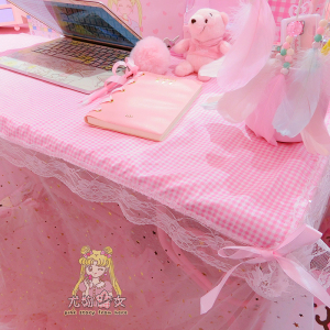 美帮汇粉嫩少女心粉格子桌布蕾丝花边餐桌茶几台布桌垫甜美长方形背景布 粉色格子花边桌布 100*160cm