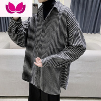 七斓复古港风竖条纹长袖衬衣男2023春季新款潮牌宽松痞帅毛呢衬衫外套